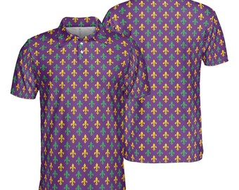 May include: Purple polo shirt with a repeating pattern of green, yellow, and purple fleur-de-lis symbols. The shirt has a collared neckline and short sleeves. The image shows the front and back of the shirt.