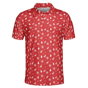 Christmas Polo Shirts for Men Red Reindeer Snowflakes Moisture Wicking Short Sleeve Golf Shirt, Mens Polo, Gifts for Men, Dad Gift, Men Polo