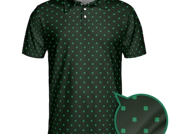 May include: Dark green polo shirt with a repeating pattern of small green four-leaf clovers. The shirt has a collared neckline, short sleeves, and a three-button placket. A close-up shows the fabric's texture and clover details.