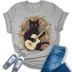 Black Cat Playing Guitar Shirt Womens Cottagecore Aesthetic T-Shirt, Gifts for Her, Animal Lovers Shirt, Aesthetic Clothing, Cute Shirt