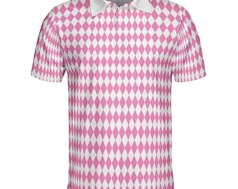 May include: A short-sleeved polo shirt featuring a white collar and a pink and white diamond pattern. The shirt has a classic polo design with a button-up placket. The overall aesthetic is preppy and stylish.
