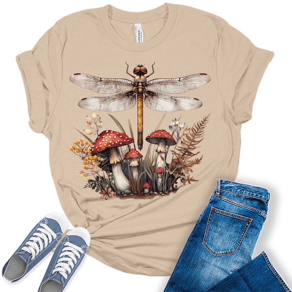 Trendy Dragonfly Summer Mushroom Womens Graphic Tees, Gifts for Her, Animal Lovers Shirt, Aesthetic Clothing, Cute Shirt, Cute Summer Top