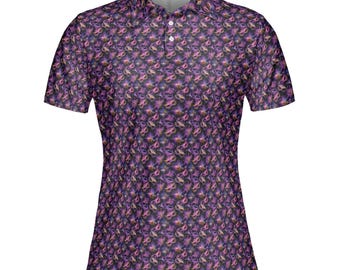 May include: A short-sleeved polo shirt with a vibrant, all-over floral pattern in shades of purple, pink, and gold against a dark background. The shirt features a classic collar, a three-button placket, and a tailored fit.