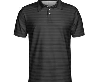 May include: A black polo shirt with a subtle horizontal striped pattern. The shirt features a classic collar, short sleeves, and a three-button placket. The fabric appears to have a slight sheen, giving it a polished look. This versatile shirt is suitable for casual or semi-formal wear.
