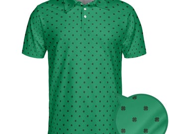 May include: Green polo shirt with a black clover pattern. The shirt has a collared neckline, short sleeves, and a button-up front. A close-up shows the clover pattern. This shirt is perfect for St. Patrick's Day or any casual occasion.