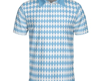 May include: A short-sleeved polo shirt featuring a repeating pattern of light blue and white diamonds. The shirt has a light blue collar and a three-button placket. The overall design is a geometric pattern.