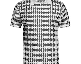 May include: A short-sleeved polo shirt featuring a black and white diamond pattern. The shirt has a white collar and a three-button placket. The argyle-like design covers the entire shirt, creating a bold, geometric look.