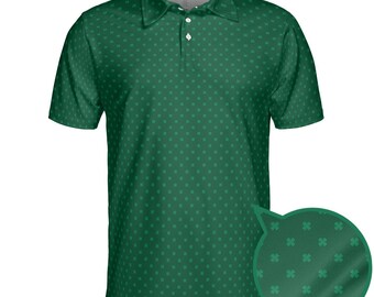 May include: Green polo shirt with a repeating clover pattern. The shirt has a collared neckline, short sleeves, and a three-button placket. A close-up shows the fabric's texture and the clover design. The shirt is a solid green color.