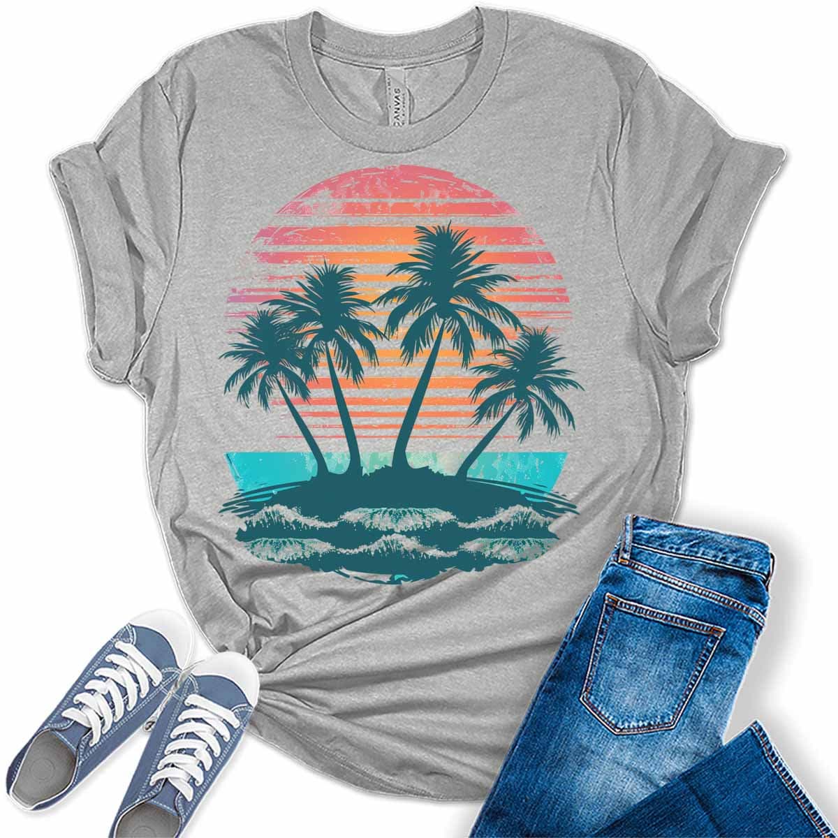 Saashi West Coast Palm Tree Graphic T Shirt for Women Short Sleeve Retro Aesthetic Casual Tee