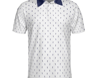 May include: White polo shirt with a navy blue collar and a pattern of small navy blue golfer figures. The shirt has short sleeves and a three-button placket.