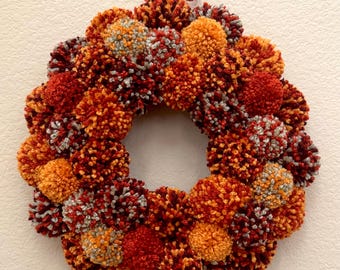 Rustic Autumn Pom Pom Wreath, Handmade Fall Yarn Decor, Cozy Harvest Wall Art, Thanksgiving
