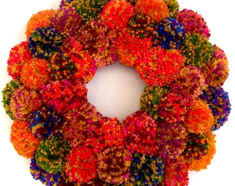 Autumn Pom Pom Wreath, Fall Foliage Wall Art, Cozy Lightweight Yarn Decor, Burnt Orange