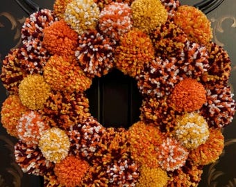 Autumn Pom Pom Wreath, Handmade Fall Harvest Yarn Decor, Rustic Orange Wall Art
