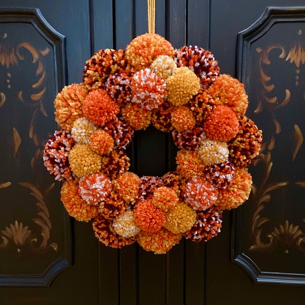 Autumn Pom Pom Wreath / Fall Yarn Decor / Orange Farmhouse Wall Art / Thanksgiving Props / Harvest Door Decorations / Rustic Hostess Gifts