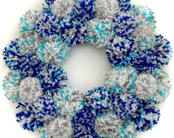 Hanukkah Pom Pom Yarn Wreath / Blue White Silver Decor / Winter Holiday Chrismukkah Party Props / Chanukah Christmas Hostess Thank You Gifts