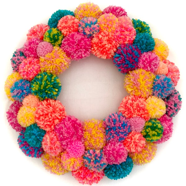 Bright Pom Pom Wreath / Island Inspired Gifts / Tropical Decorations / Vibrant Summer Wall Door Hangers / Large Multicolored Yarn Decor