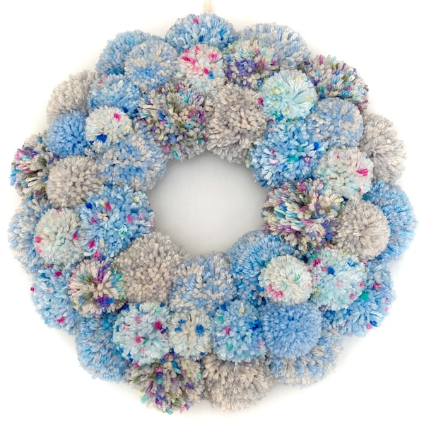 Light Blue Winter Pom Pom Wreath / Christmas Yarn Decor / Cozy Wintry Hostess Housewarming Gifts / Nursery Baby Kids / Hanukkah Chrismukkah