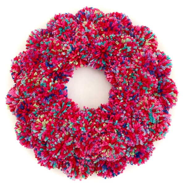 Dark Pink Pom Pom Wreath / Cute Pink & Red Confetti Yarn Decor / Bold Fuchsia Valentine Love Party Props / Fun Hostess Thank You Gift