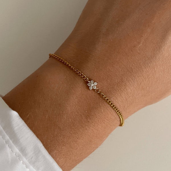 Bracelet chaine plate pendentif fleur zircon acier inoxydable doré