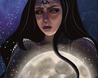 May include: A woman with long black hair holds a glowing moon in her hands. She is wearing a dark patterned dress and a silver headpiece with a crescent moon design. The background is a dark blue with white stars.