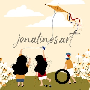 Può includere: Illustrazione di tre bambini che giocano all'aperto. Due bambini tengono delle corde attaccate a un aquilone e a un mulino a vento. Un terzo bambino sta facendo rotolare una gomma. L'immagine ha il testo "jonalines.art".