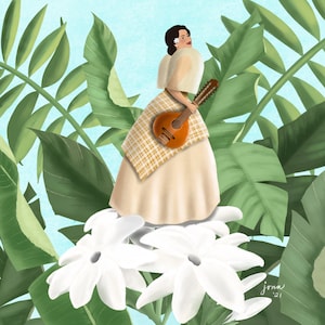 Philippinisches Kunstwerk - Philippina, die eine philippinische (Baro&#39;t Saya) trägt und eine Bandurria hält