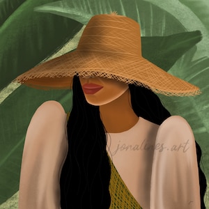 May include: Digital art print of a person wearing a straw hat, with long black hair and a white top. The background features green leaves. The artwork is signed "jonalines.art".