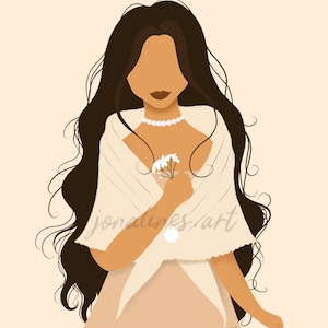 May include: A woman with long brown hair wears a white shawl and a pearl necklace. She holds a bouquet of white flowers in her right hand. The background is a light peach color.