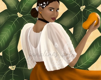May include: A woman in a white dress with lace detailing holds a yellow mango in front of a green leafy background.