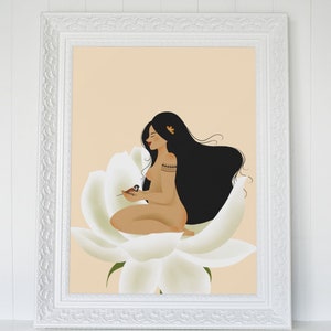 May include: A digital illustration of a woman with long black hair sitting on a large white flower. She is wearing a leaf in her hair and has a small bird perched on her hand.