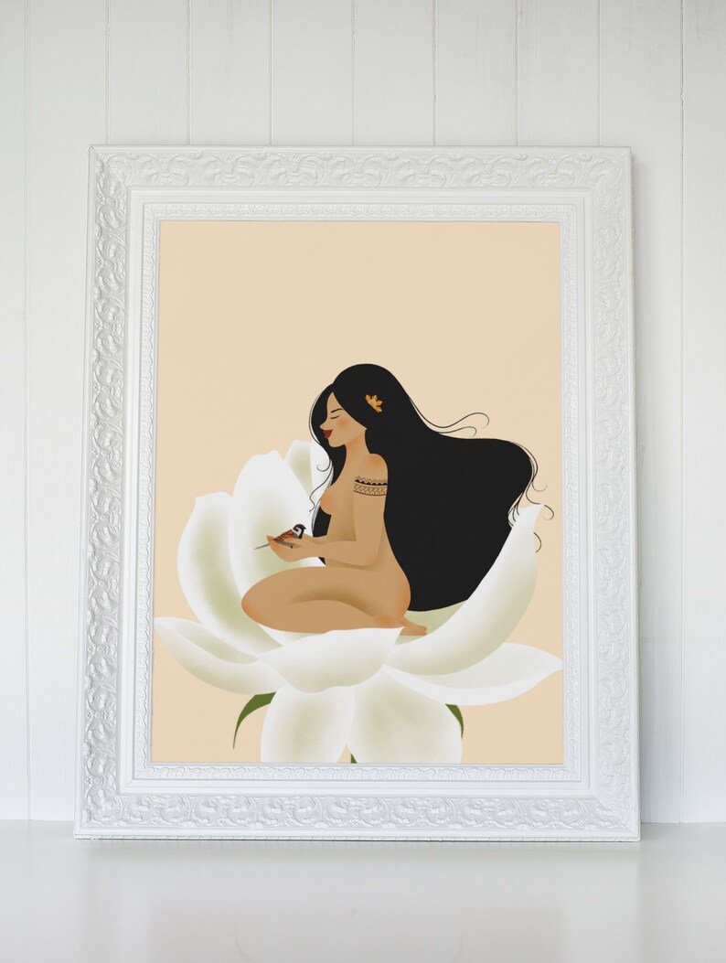 May include: A digital illustration of a woman with long black hair sitting on a large white flower. She is wearing a leaf in her hair and has a small bird perched on her hand.