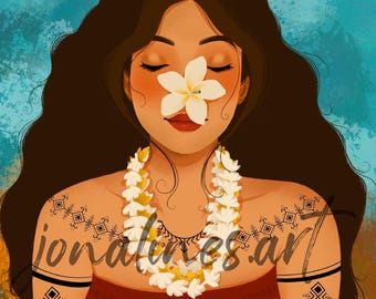 Op de afbeelding: Digitale illustratie van een vrouw met lang bruin haar, een bloem op haar gezicht en een lei-ketting. De vrouw heeft tatoeages op haar armen en schouders. De achtergrond is een mix van blauw en teal.