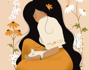 May include: Illustration of a person with long black hair, wearing a cream-colored top and mustard-yellow skirt, cradling a sleeping white and gray cat. The background features flowers and hanging vines in white, orange, and yellow.