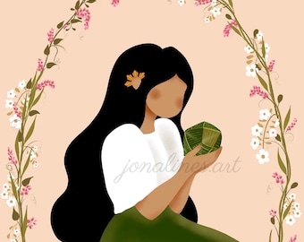 May include: A woman with long black hair sits with her legs crossed, holding a green and white wrapped food item. She is wearing a white shirt with puffed sleeves and green pants. A floral garland with pink and white flowers arches over her head.