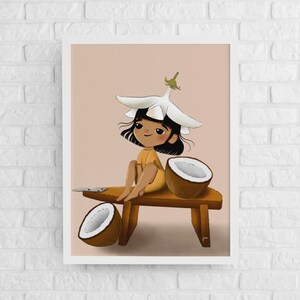Op de afbeelding: Een ingelijste illustratie toont een cartoonkind met een witte bloemenhoed en gele kleding, zittend op een houten bank. Twee gehalveerde kokosnoten en een mes zijn ook aanwezig. De achtergrond is perzikkleurig.