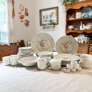 Vintage International Marmalade Country Goose Dinnerware / Blue Bow Duck Geese with Fruit / 1980s Cottagecore Farmhouse Kitchen Stonewear
