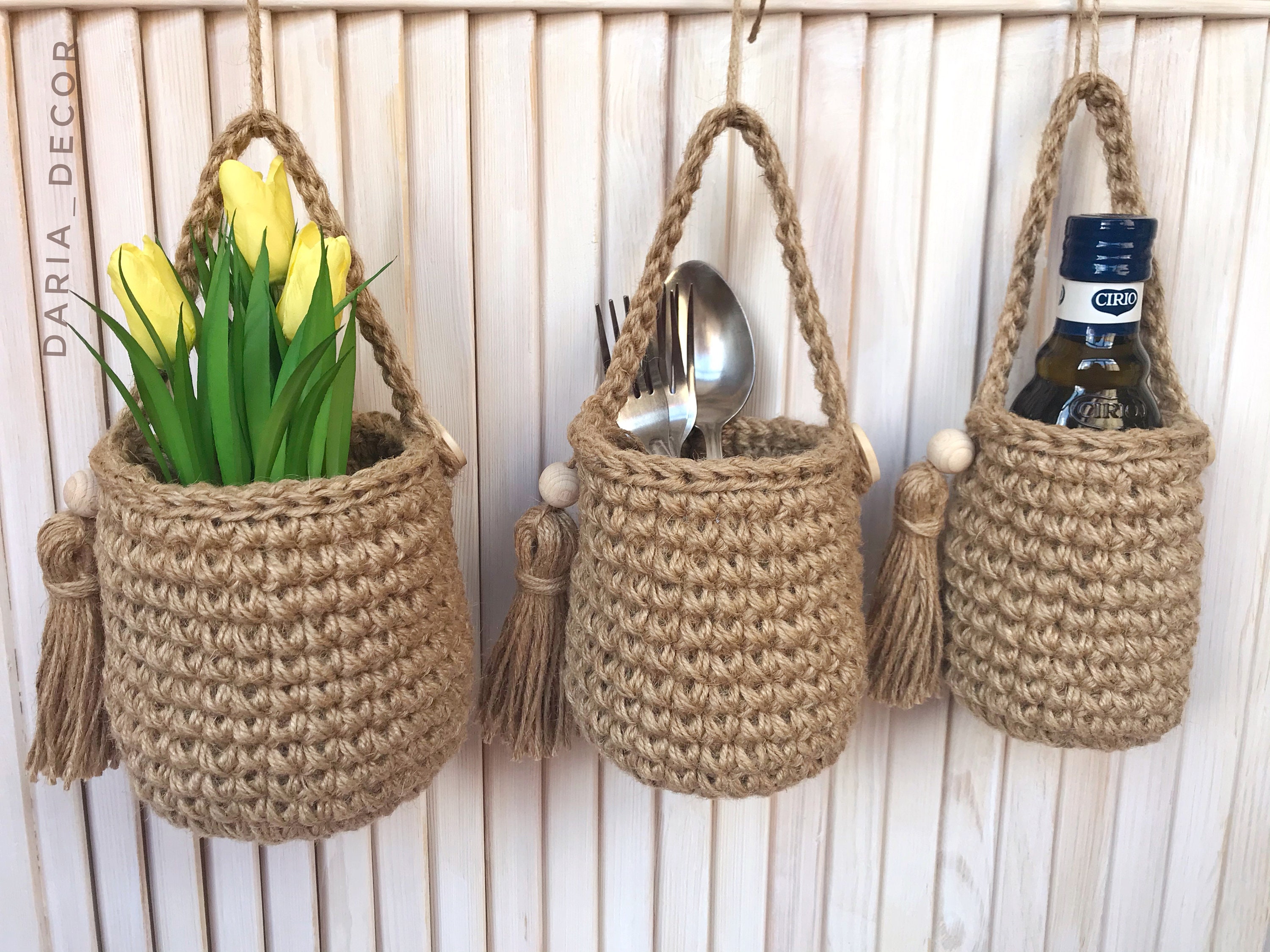 Natural Jute Hanging Storage Baskets Kitchen Wall Decor Etsy