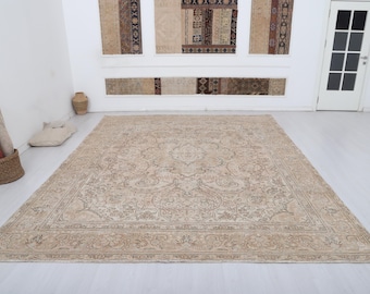 Tapete Oushak vintage 10x12: tapete feito à mão em lã turca