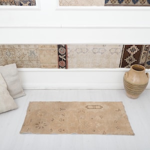 2 x 4 vintage Turks tapijt: handgemaakt wollen Oushak-minitapijt
