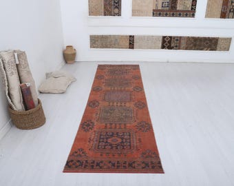 Vintage Türkischer Oushak Teppichläufer, 3x30 Baumwolle Wolle Flur Teppich