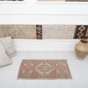 Vintage Turkish Oushak Rug: Wool Anatolian Mini Rug, 2.9 x 1.6 ft