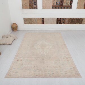 Handwoven Wool Oushak Rug 5x10: Vintage Turkish Area Rug