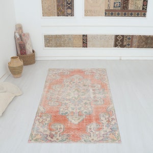 Handmade Orange Oushak Rug: 4x7 Vintage Turkish Rug