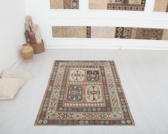 Vintage Turkish Oushak Rug 4x6: Muted Wool Anatolian Area Rug