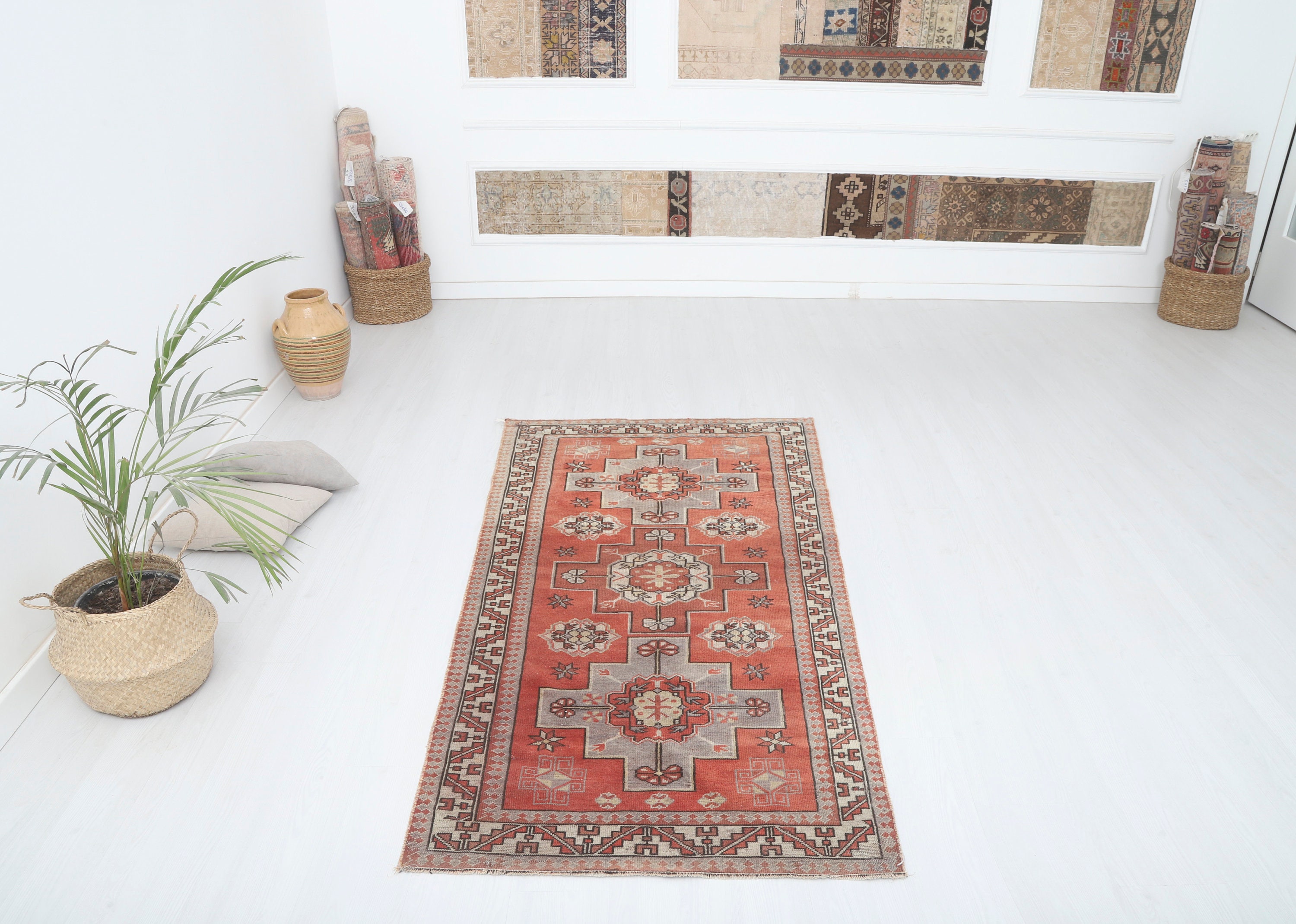 Small Vintage Turkish Wool Rug 3x7 Oushak Anatolian Rug