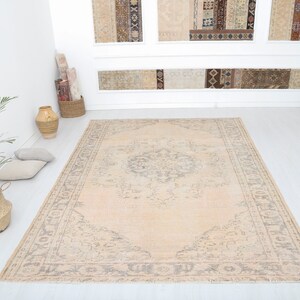 Handmade Pastel Turkish Rug 7x10: Neutral Cotton Wool Anatolian Rug