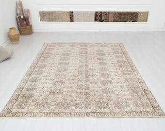 Handmade 7x9 Oushak Rug: Vintage Turkish Wool Cotton Area Rug