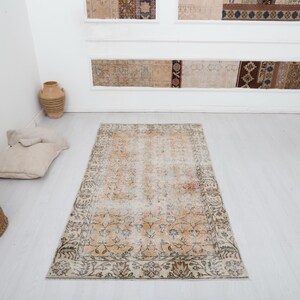 4x7 Vintage Turkish Oushak Rug: Muted Wool Anatolian Rug