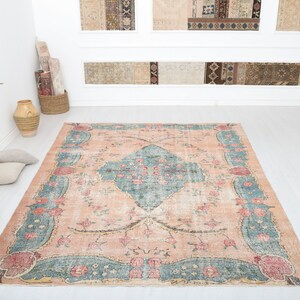 Tapis Oushak vintage fait main : tapis turc anatolien 7 x 9