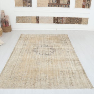 Oversize Vintage Turkish Oushak Rug 6x10: Neutral Anatolian Wool Rug